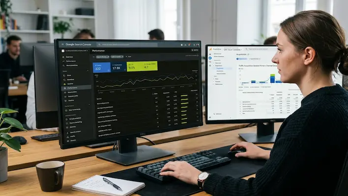 SEO analyst searching for keywords in Google Search Console and Google Analytics dashboard on dual Dell monitors in a modern office