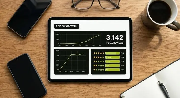How do reviews affect local SEO, review analytics dashboard showing star ratings and growth trend