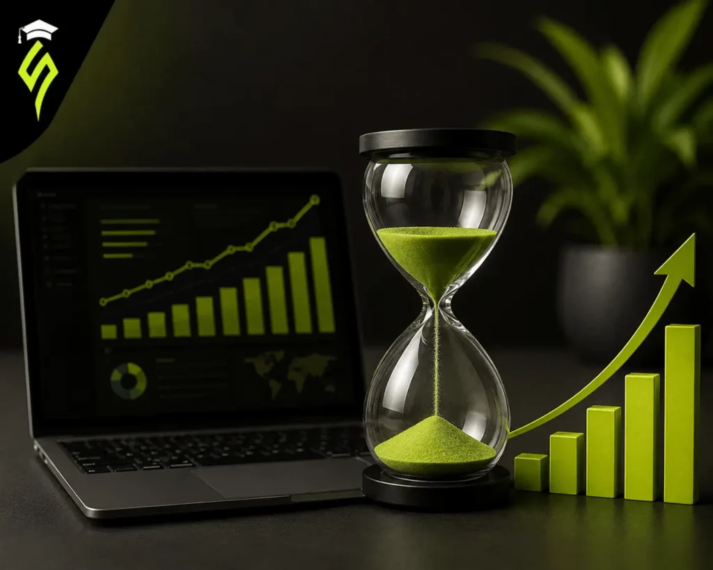 SEO performance dashboard showing gradual growth in organic traffic, keyword rankings, and website visibility over several months.