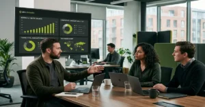 Skillsheaven SEO agency team discussing how much SEO agencies charge with revenue growth and competitive landscape analytics on a boardroom screen