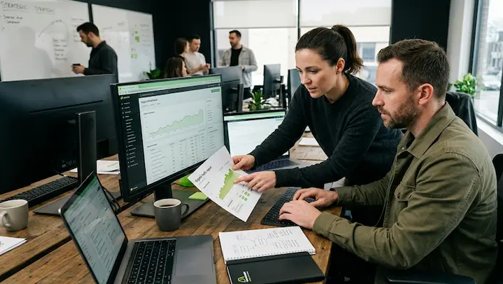 SEO team reviewing performance reports and organic traffic data on a monitor to evaluate how much a good SEO company charges for real results