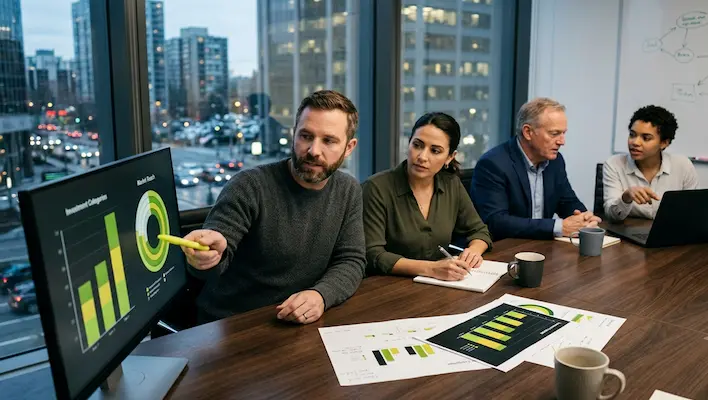 Business team reviewing SEO investment categories and market reach data on a monitor to evaluate how much it costs to hire an SEO company