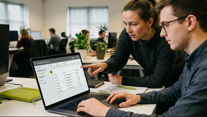 Two digital marketing professionals reviewing how to add a user to Google Ads manager account access settings on a laptop in an open plan office