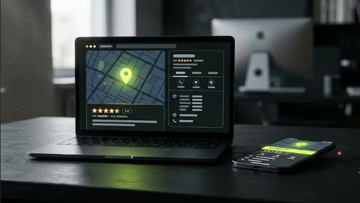 Smartphone and laptop displaying a Google Business Profile interface during a local SEO audit