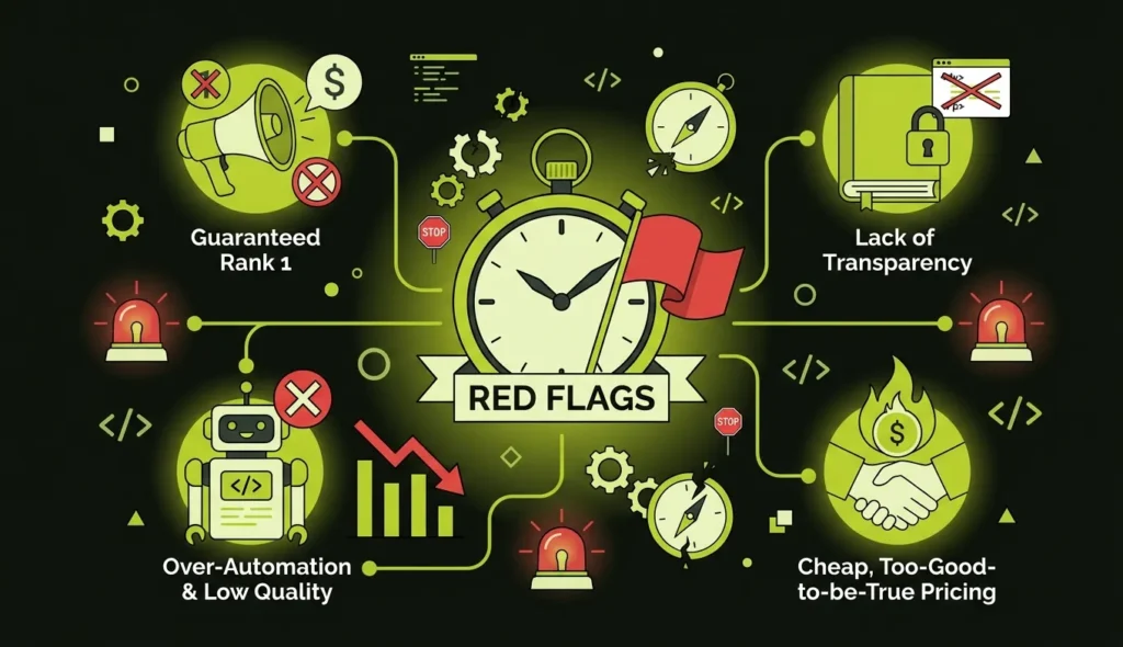 Illustration highlighting warning signs when selecting an SEO agency, including unrealistic promises and poor reporting.