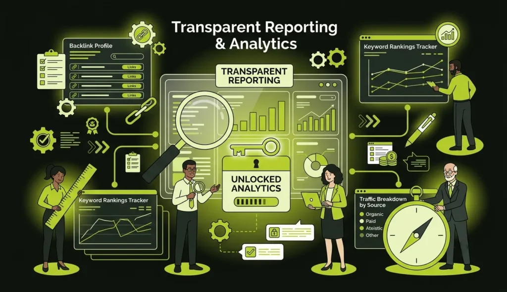 Illustration of SEO dashboards displaying rankings, traffic, conversions, and performance reports.