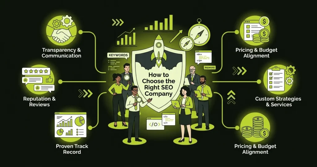 Illustration of a business evaluating SEO agencies using checklists, analytics, and performance metrics.