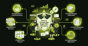 Illustration of a business evaluating SEO agencies using checklists, analytics, and performance metrics.