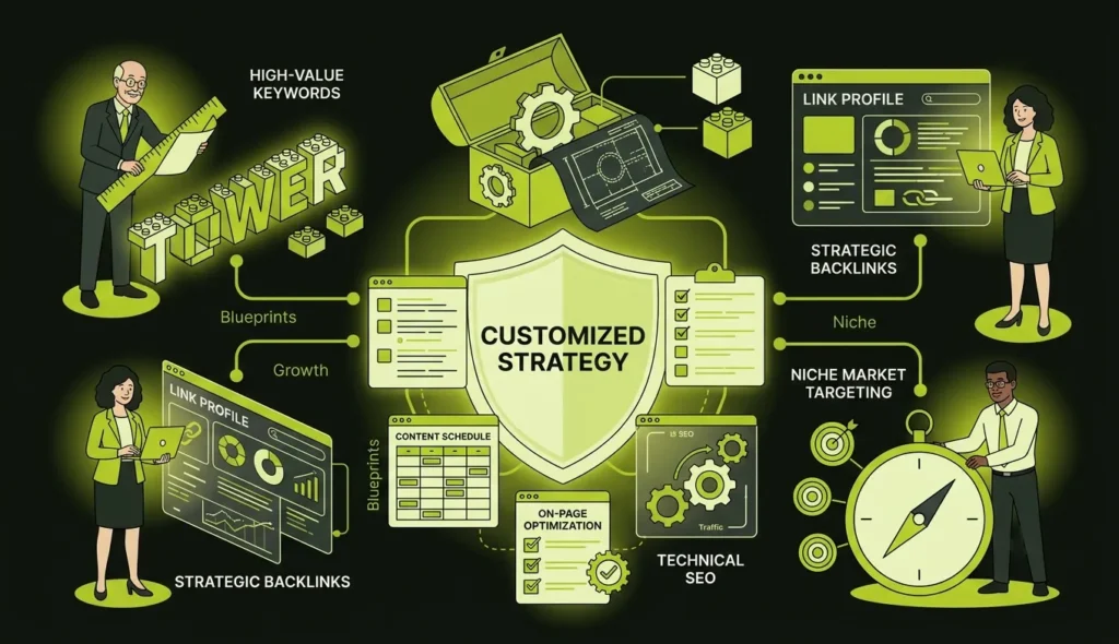 Illustration showing a personalized SEO strategy built around business goals, keywords, and audience research.