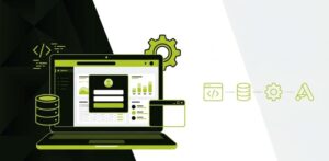Illustration showing how to develop web application with dashboard, code, and database icons