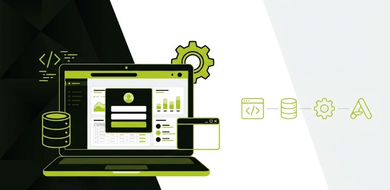 Illustration showing how to develop web application with dashboard, code, and database icons