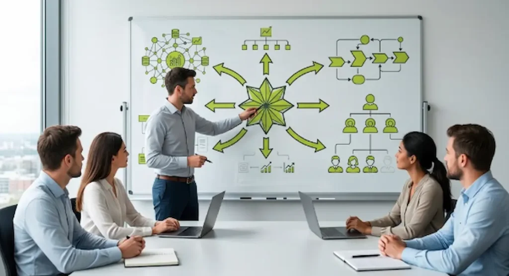 A digital marketing manager giving a presentation on a whiteboard, demonstrating a multi-branch framework to explain how to do local SEO for multiple locations.