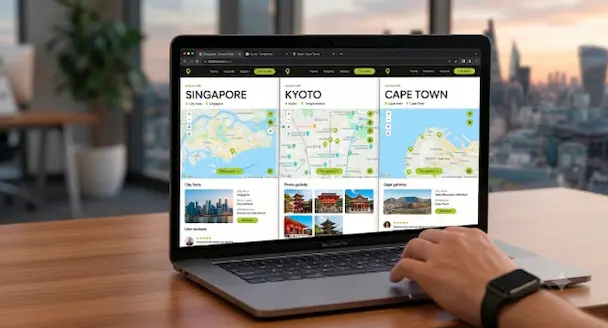 A person using a laptop displaying side-by-side location pages for Singapore, Kyoto, and Cape Town with maps, illustrating how to do local SEO for multiple locations.