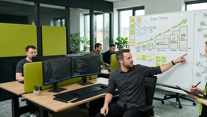 Web development business owner presenting project timeline and growth stages to his team on a whiteboard in a modern agency office