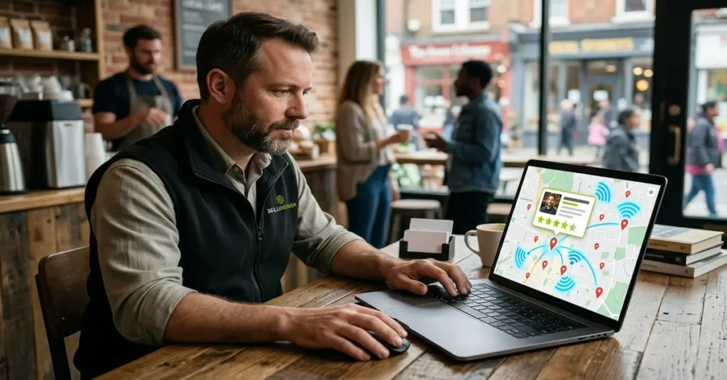 Skillsheaven local SEO specialist managing Google Business Profile rankings on a laptop showing a map with business pins and star ratings in a coffee shop