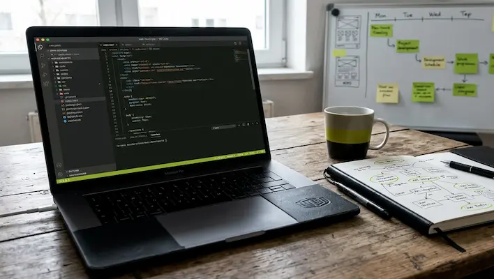 Web developer laptop showing code editor beside a project planning whiteboard and handwritten workflow notes for pricing web development services