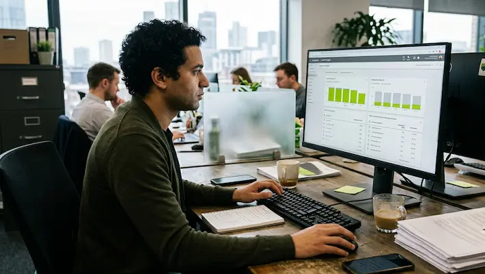 Digital marketing professional monitoring Google Ads campaign performance data to protect brand visibility and ad spend in a busy agency office