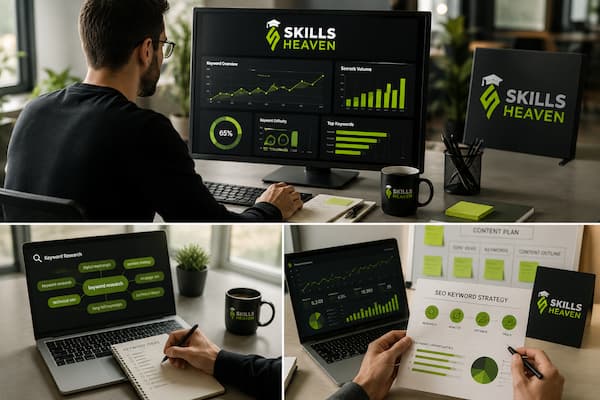 Digital marketing expert using keyword research tools to learn how to come up with SEO keywords for a website