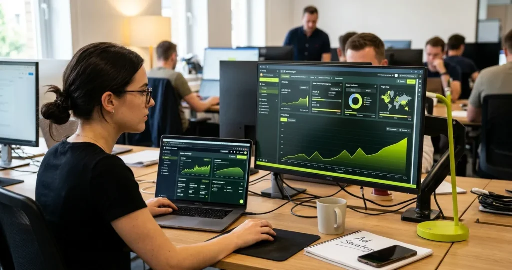 A digital marketer analyzing data metrics and campaign growth charts on a desktop monitor to run ads on social media effectively.