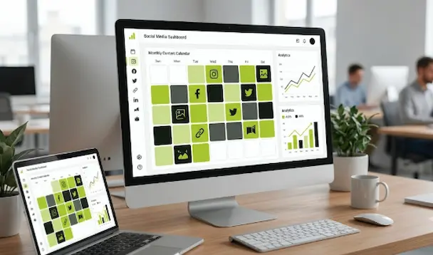 A computer monitor and laptop on an office desk displaying a minimalist social media scheduling dashboard with a monthly content calendar in lime green and dark charcoal blocks, showing how to schedule social media posts.