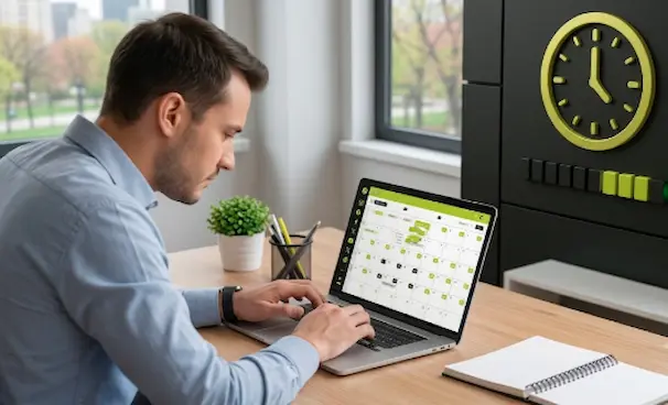 A professional digital content manager sitting at a wooden desk, typing on a laptop displaying an online calendar interface with lime green elements next to a large dark charcoal wall clock, illustrating how to schedule social media posts to optimize time.