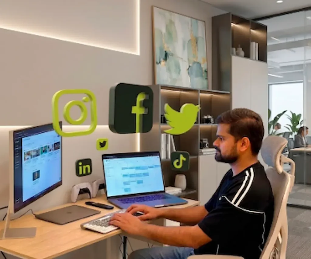 A digital content manager works at a modern office desk using a laptop calendar tool, with 3D lime green and dark charcoal social media icons hovering in the air, illustrating how to schedule social media posts.