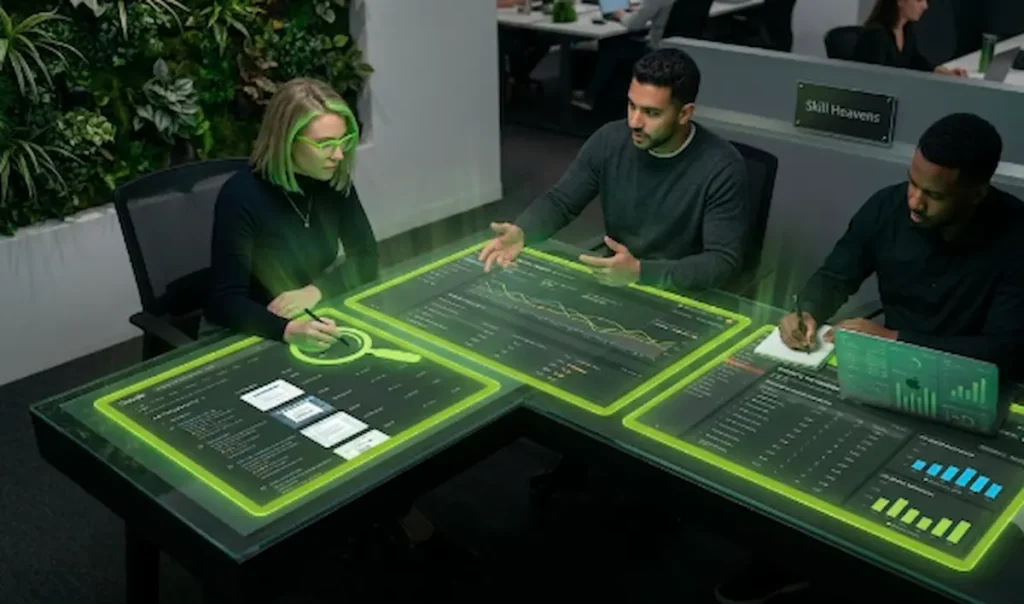 A team of three marketing professionals at Skill Heavens collaborating around a modern digital desk displaying illuminated green graphs, charts, and data analytics tools to spy on competitors Google Ads.