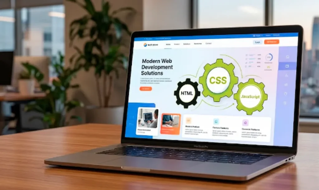 Laptop on an office desk displaying a web development solution page with gear graphics for HTML, CSS, and JavaScript, illustrating how to spy on competitors' Google Display Ads and marketing strategies.