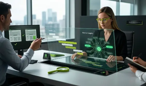 A modern office setting where a team analyzes an interactive transparent screen displaying an Auction Insights network map and campaign timelines to spy on competitors Google Display ads.