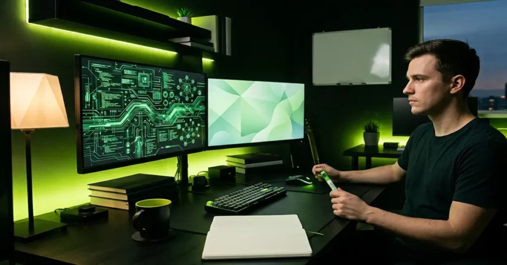 Freelance web developer reviewing code and website wireframe on dual monitors with web design books on desk