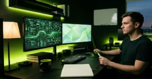 Freelance web developer reviewing code and website wireframe on dual monitors with web design books on desk