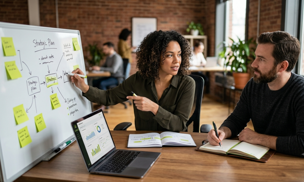 Business owner setting up digital marketing on a MacBook with Google search on phone and analytics dashboard on a second monitor