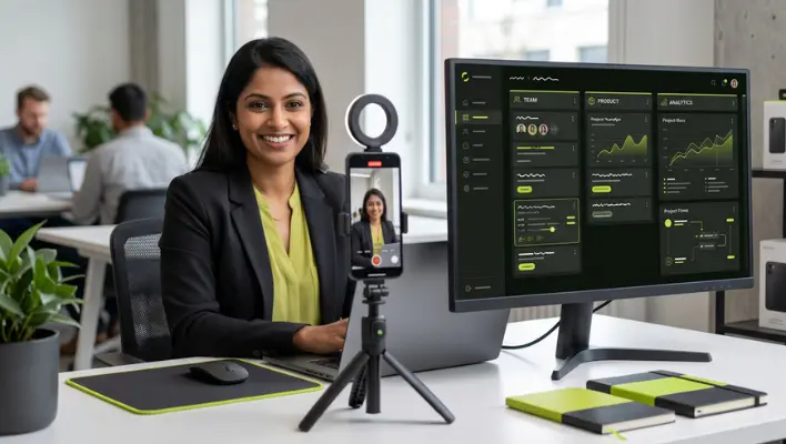 A female professional sitting at an office desk with a smartphone on a tripod recording her, positioned next to a large desktop monitor displaying a detailed digital marketing analytics dashboard.