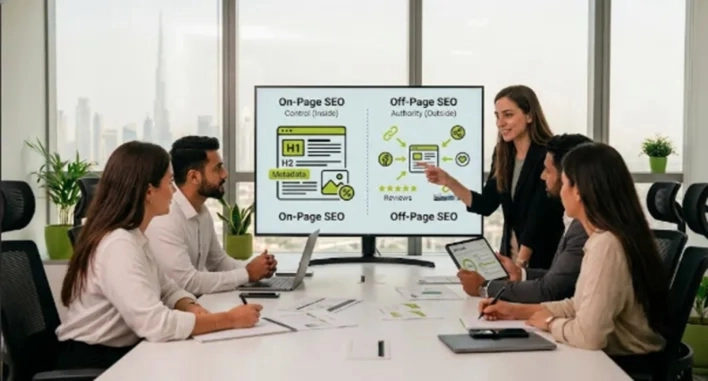 A presenter explaining the difference between on-page and off-page SEO using a comparative graphic on a conference room screen.