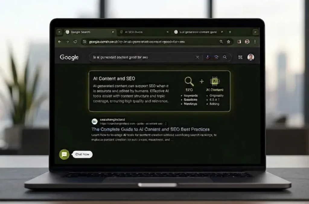Laptop screen showing a Google search result explaining is AI generated content good for SEO