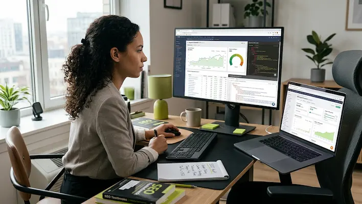 SEO professional working across dual screens showing analytics dashboard, performance scores and code in a modern home office setup
