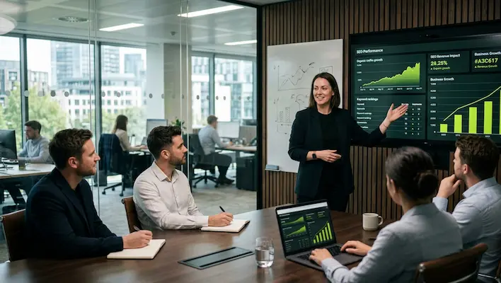 Senior SEO manager presenting organic traffic growth and revenue impact results to a team in a corporate boardroom meeting