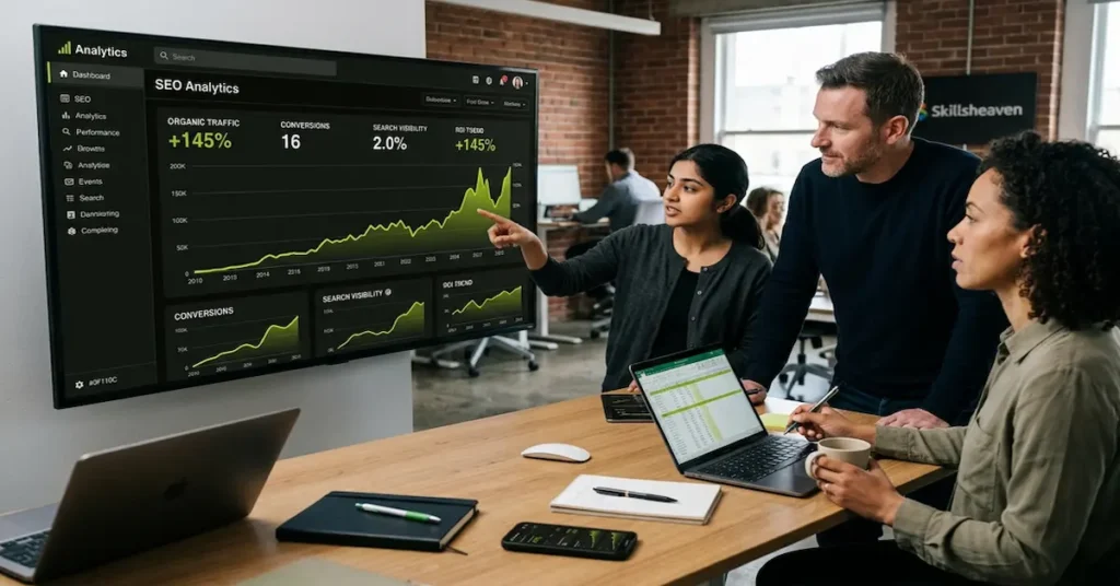 Skillsheaven SEO team reviewing organic traffic growth, conversions and ROI metrics on an analytics dashboard to evaluate if SEO is worth the investment