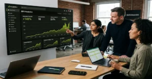 Skillsheaven SEO team reviewing organic traffic growth, conversions and ROI metrics on an analytics dashboard to evaluate if SEO is worth the investment