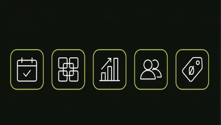Icons showing key features of social media scheduling tools for small business