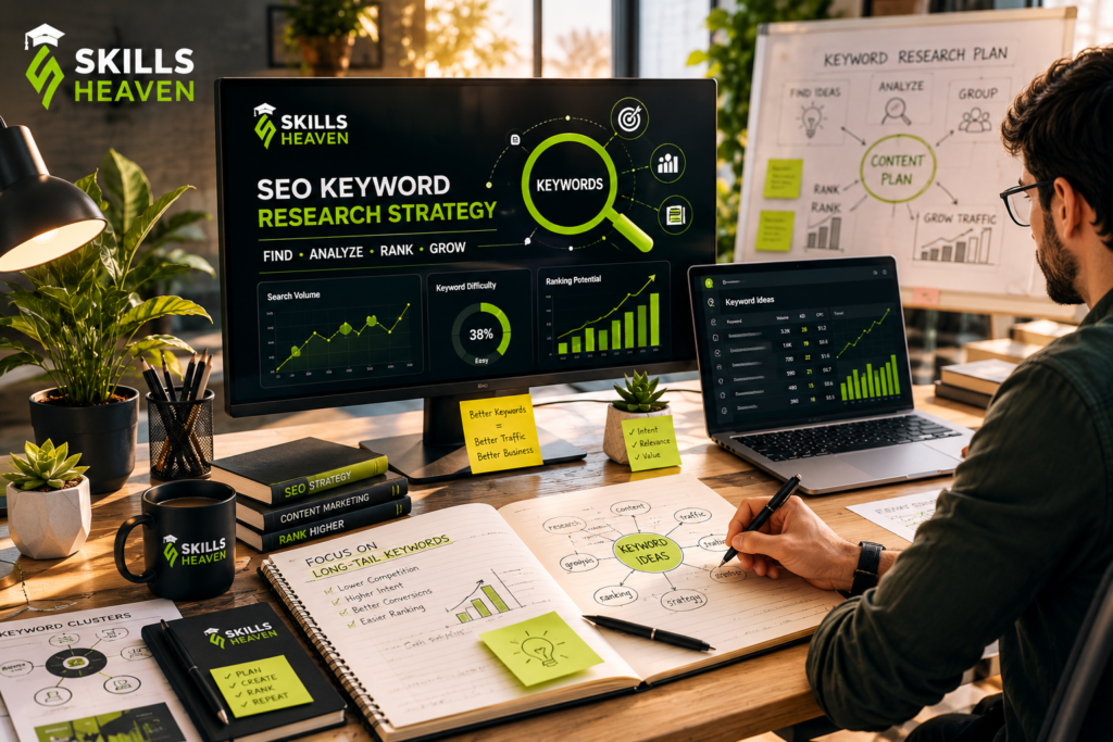 Digital marketing expert using keyword research tools to learn how to come up with SEO keywords for a website