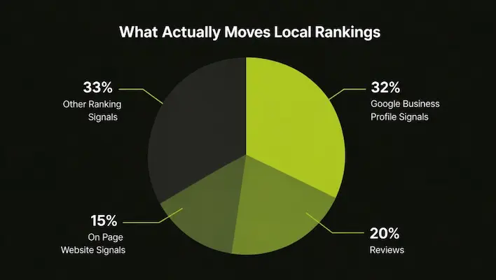 clean, flat-design minimalist pie chart titled "What Actually Moves Local Rankings" on a near-black background. It displays four segments in shades of lime green and gray representing local SEO factors: Other Ranking Signals (33%), Google Business Profile Signals (32%), Reviews (20%), and On Page Website Signals (15%).