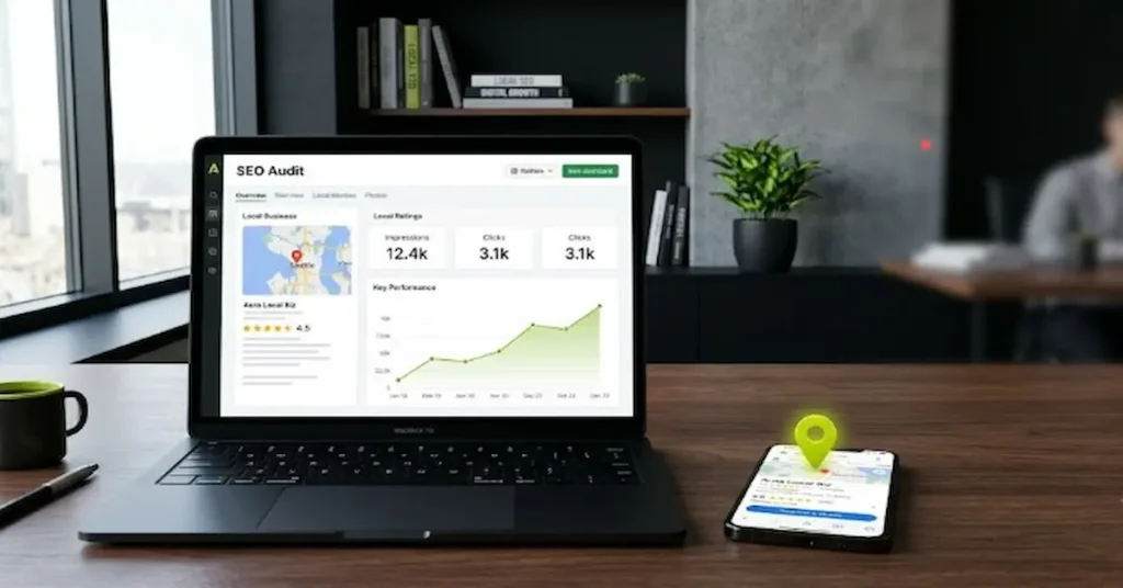 Laptop and smartphone showing a local SEO audit dashboard with Google Business Profile map data and performance graphs