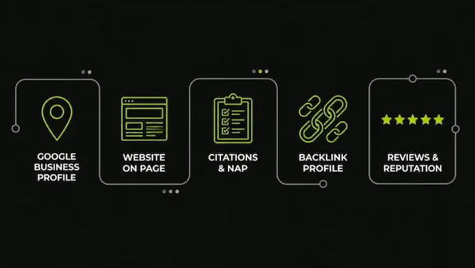 Infographic showing the five key components of a local SEO audit including Google Business Profile, on page signals, citations, backlinks, and reviews