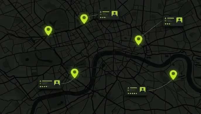 Map graphic showing multiple business location pins connected to separate Google Business Profile cards for a multi location SEO audit