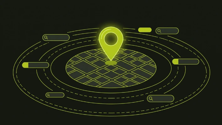 Dark-themed illustration of a glowing map pin at the center of concentric search radius rings, surrounded by search bars, representing local SEO keyword research geo-targeting