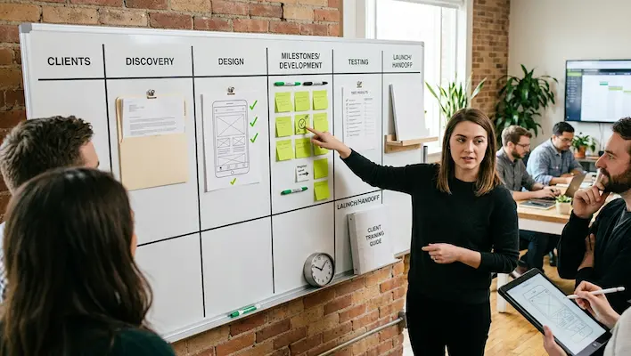 Project manager presenting web development project stages including discovery, design, milestones, testing and launch handoff on a kanban whiteboard