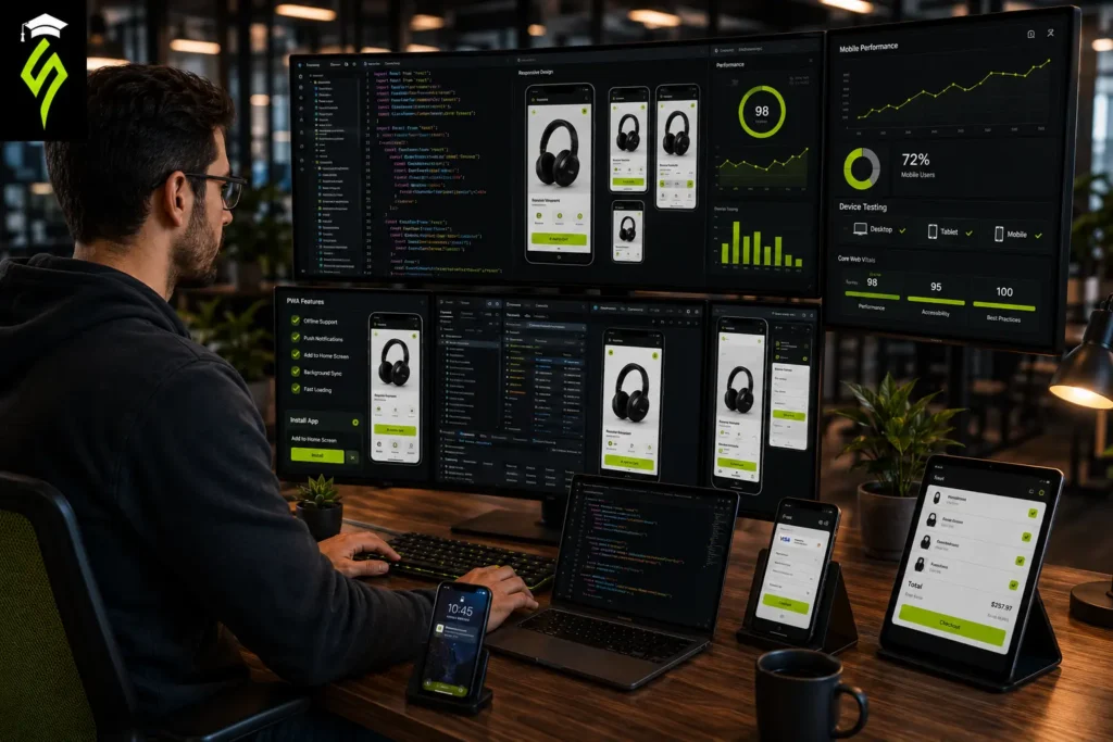 Web developer optimizing an ecommerce website for mobile devices with responsive design, progressive web app features, and mobile checkout.