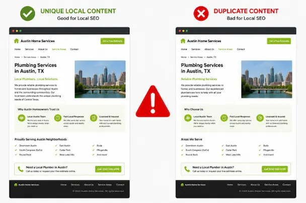 A side-by-side website infographic comparing unique local content marked with a green checkmark versus duplicate content marked with a red warning cross, demonstrating best practices for managing multiple locations in local SEO.