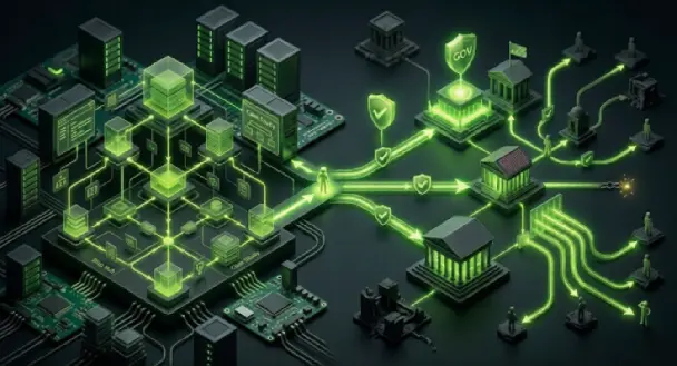 A 3D isometric network diagram illustrating outbound external authority links to .gov and academic websites, answering the question: does linking to other sites help seo?